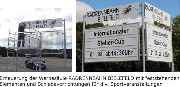 Erneuerung der Werbesäule RADRENNBAHN BIELEFELD mit feststehendenElementen und Schiebevorrichtungen für div. Sportveranstaltungen