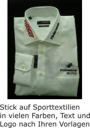 Stick auf Sporttextilienin vielen Farben, Text undLogo nach Ihren Vorlagen